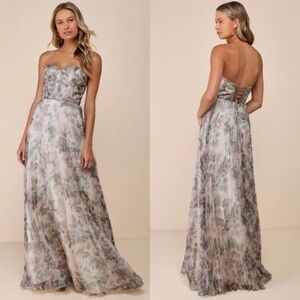 NWT Lulus Most Beautiful Day Ivory Multi Floral Print Organza Maxi Dress Size XL